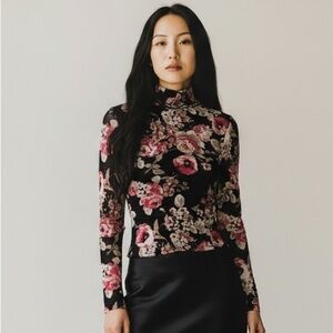 Sweet Rain black pink floral Print Mesh Blouse ruched front Turtle Neck coquette